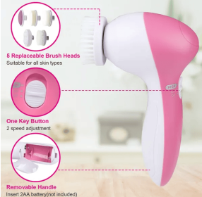 Waterproof Facial Cleansing Brush with 5 Brush Heads (Color: Pink)